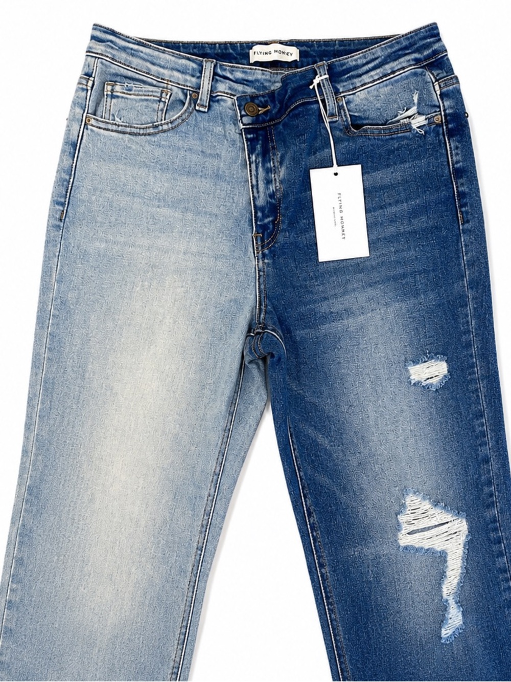 NWT Flying Monkey Black Label Two-Tone Wash Distressed Straight Leg Jeans 29
